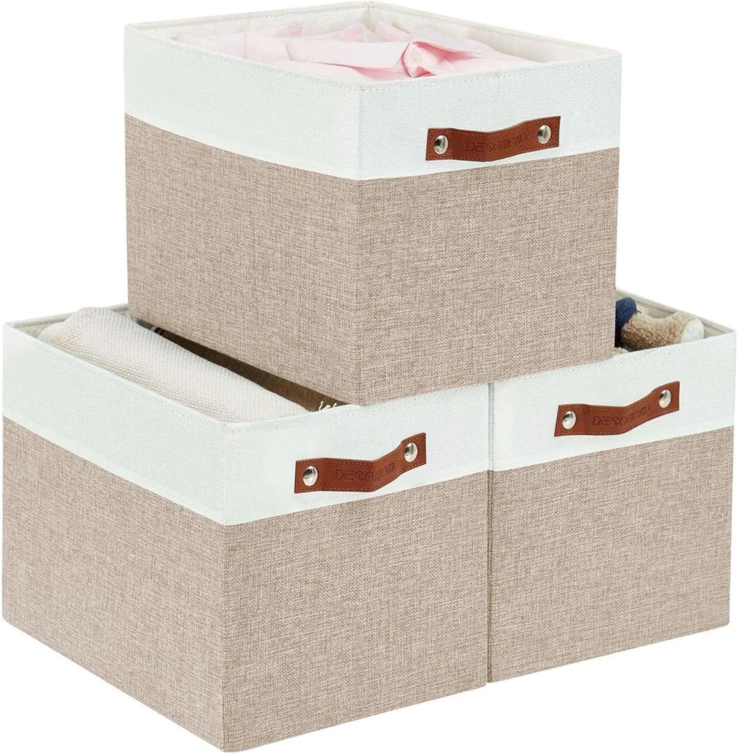 DECOMOMO Kallax Storage Cubes - 13x15x13 Storage Bins, Baskets for Organizing Shelves (Beige and White, 3-Pack)