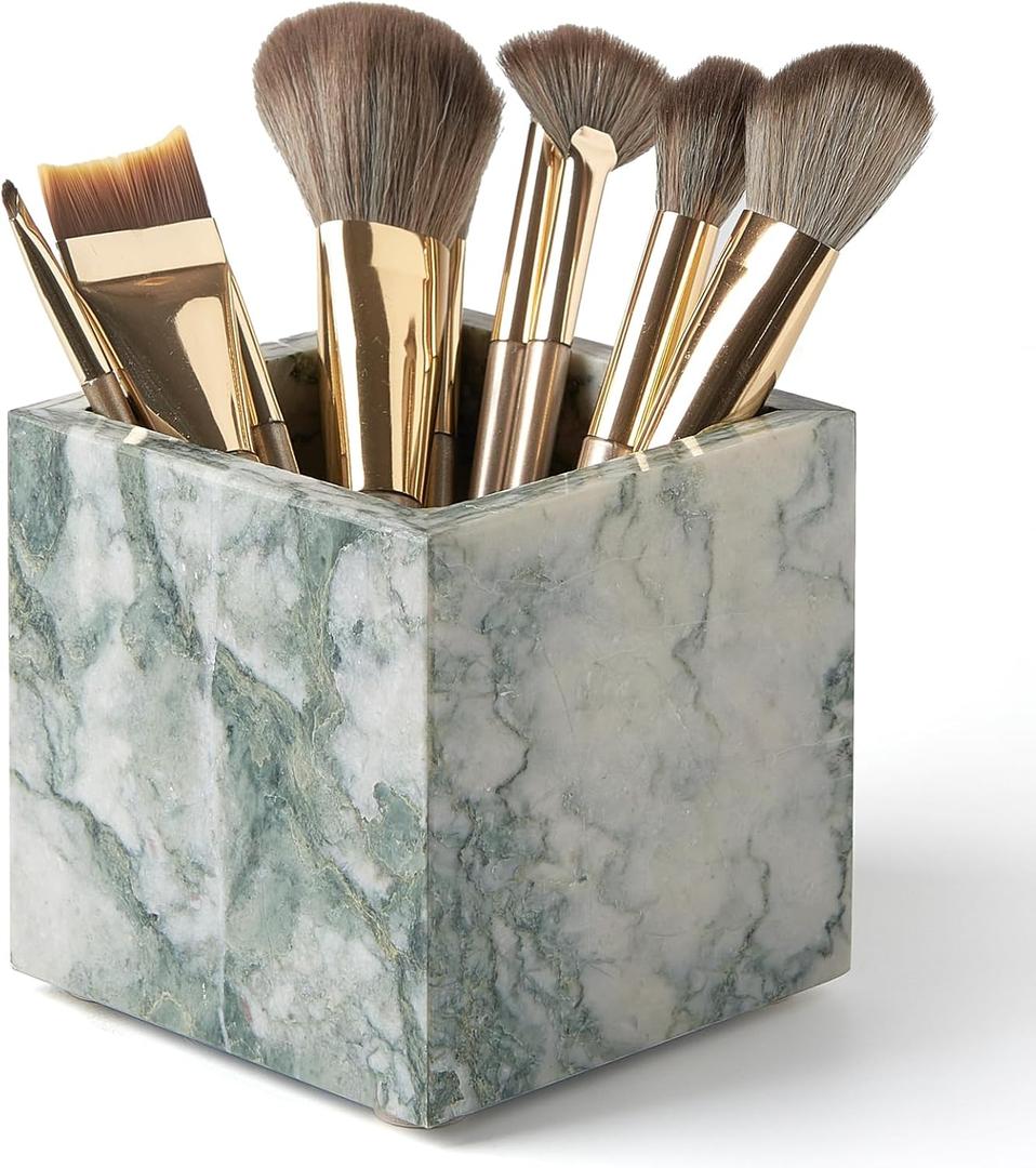 3.93 Inch Square Marble Toothbrush Holder & Makeup Brush Organizer - Natural Stone Pencil Holder for Desk, Bathroom Countertop Storage | Marble Bathroom Accessories in Modern Cyan Green ﻿ ﻿