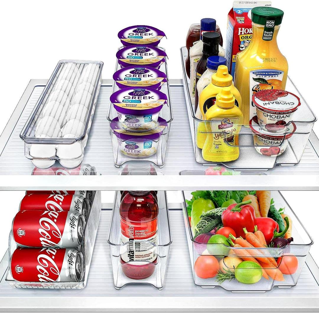 Sorbus Fridge Bins and Freezer Bins Refrigerator Organizer Stackable Food Storage Containers BPA-Free Drawer Organizers for Refrigerator Freezer and Pantry, Size: 6 pack, 
Color	Clear
Material	Plastic
Product Dimensions	17.5"L x 14"W x 4.5"H
Item Weight	2.57 kg