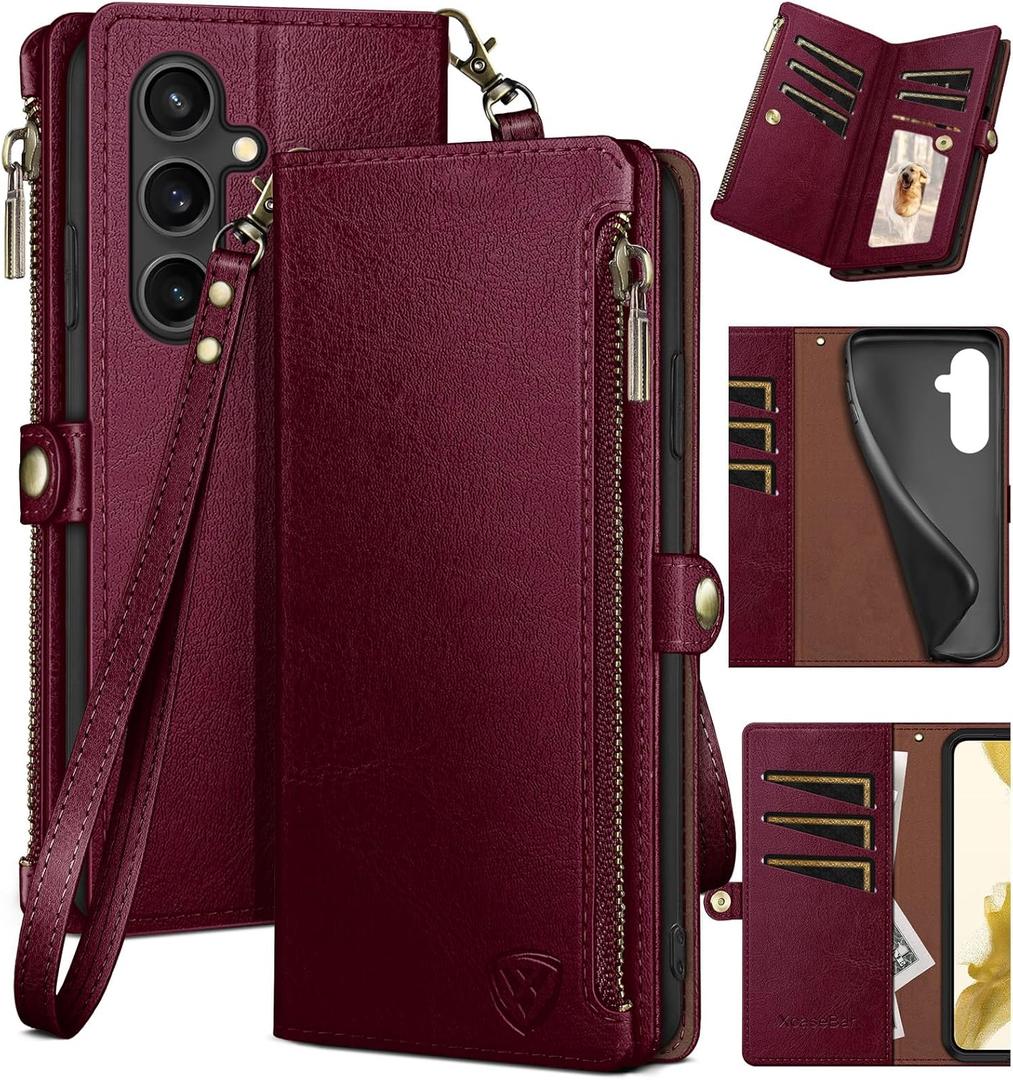 XcaseBar for Samsung Galaxy S23 FE Wallet case with Zipper Credit Card HolderRFID Blocking, Flip Folio Book PU Leather Phone case Shockproof Cover Women Men for Samsung S23FE case Wine Red