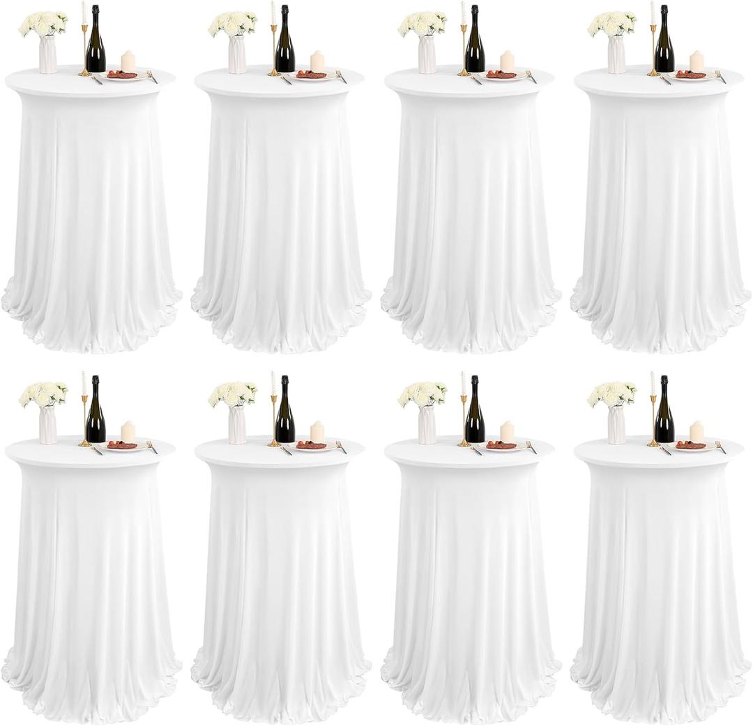 8 Packs Round Cocktail Table Skirt 32"x 43" Spandex Stretch Cocktail Tablecloth with Wavy Drapes, White Spandex Fitted High Top Table Covers for Wedding Bar Party Birthday Banquet Table
