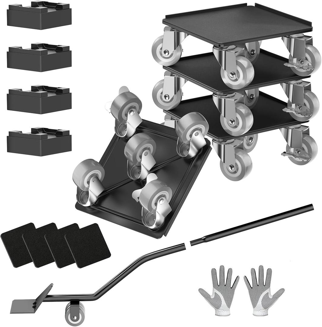 Furniture Movers and Dolly Heavy Duty 1500LBS Capacity 5X 360 Rotating Rubber Wheels Carbon Steel Panel Includes Lifter Jacks and Gliders for Sofa Refrigerator Washer Pro Set5.4in,Gray