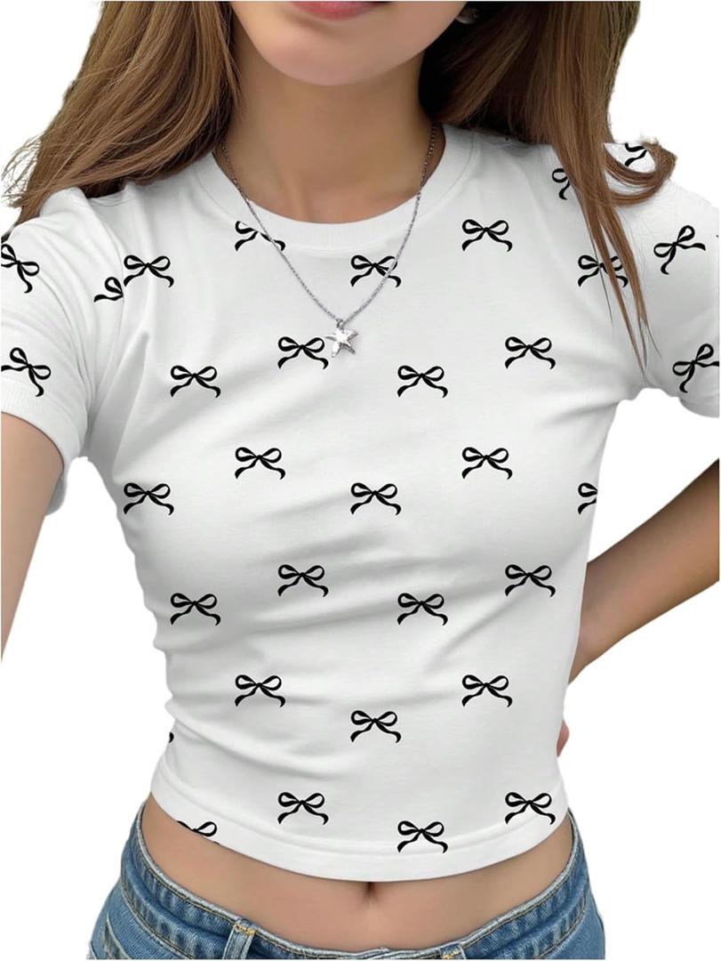 SHENHE Girl's Graphic Tee Y2k Bow Shirt Crewneck Short Sleeve Aesthetic Slim Fit Crop Top (White) 16Y
