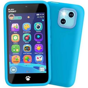 MOMILLA Kids Toys Smart Phone, Dual Camera with Stickers, 3.97" Touchscreen, 200+ Educational Puzzle Games, Learning Toys with Parental Control for Ages 3-8, Birthday Gift Christmas, Blue