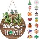 Interchangeable Seasonal Welcome Sign Front Door Decoration, Rustic Round Wood Wreaths Wall Hanging Outdoor, Farmhouse, Porch, for Spring Summer Fall All Seasons Holiday Halloween Christmas, 12 Inch