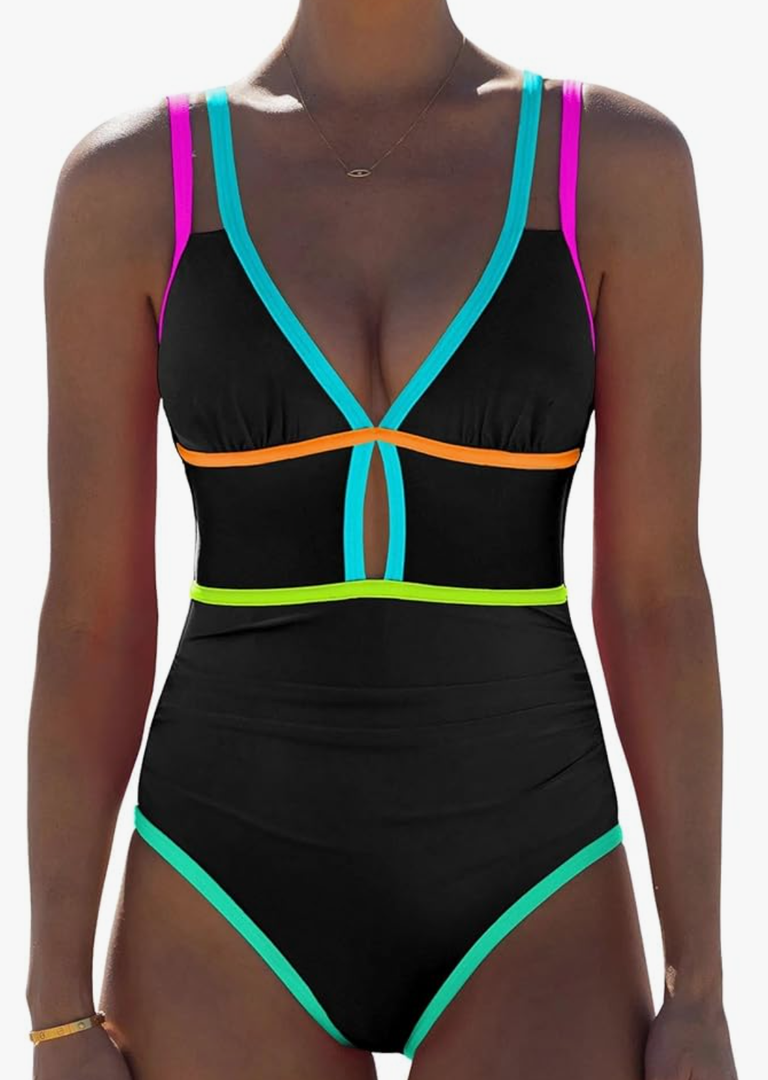 popvil Women One Piece Swimsuit 2026 Tummy Control Sexy Cutout Neon Color Block Bathing Suit Slimming Adjustable Swimwear, Size S