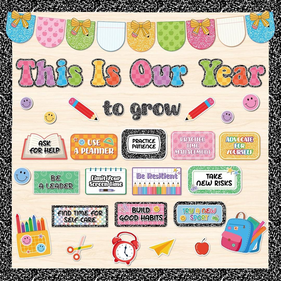 2 x This is Our Year Bulletin Board Set Inspirational Composition Notebook Classroom Decor, Growth Positive Affirmations Notebook Happy Face Cutouts for Back to School Classroom Wall Chalkboard Supplies