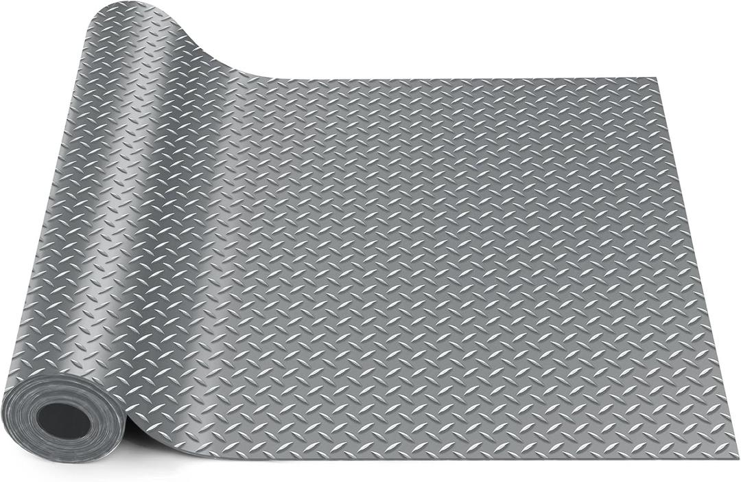 16 in x 10 ft Rubber Diamond Plate Rolls Garage Floor Mat for Under Car, Heavy Duty Flooring Rug for Trailers Garage, PVC Water/Stain Outside Stall Resistant Parking Rv Tool(Grey)