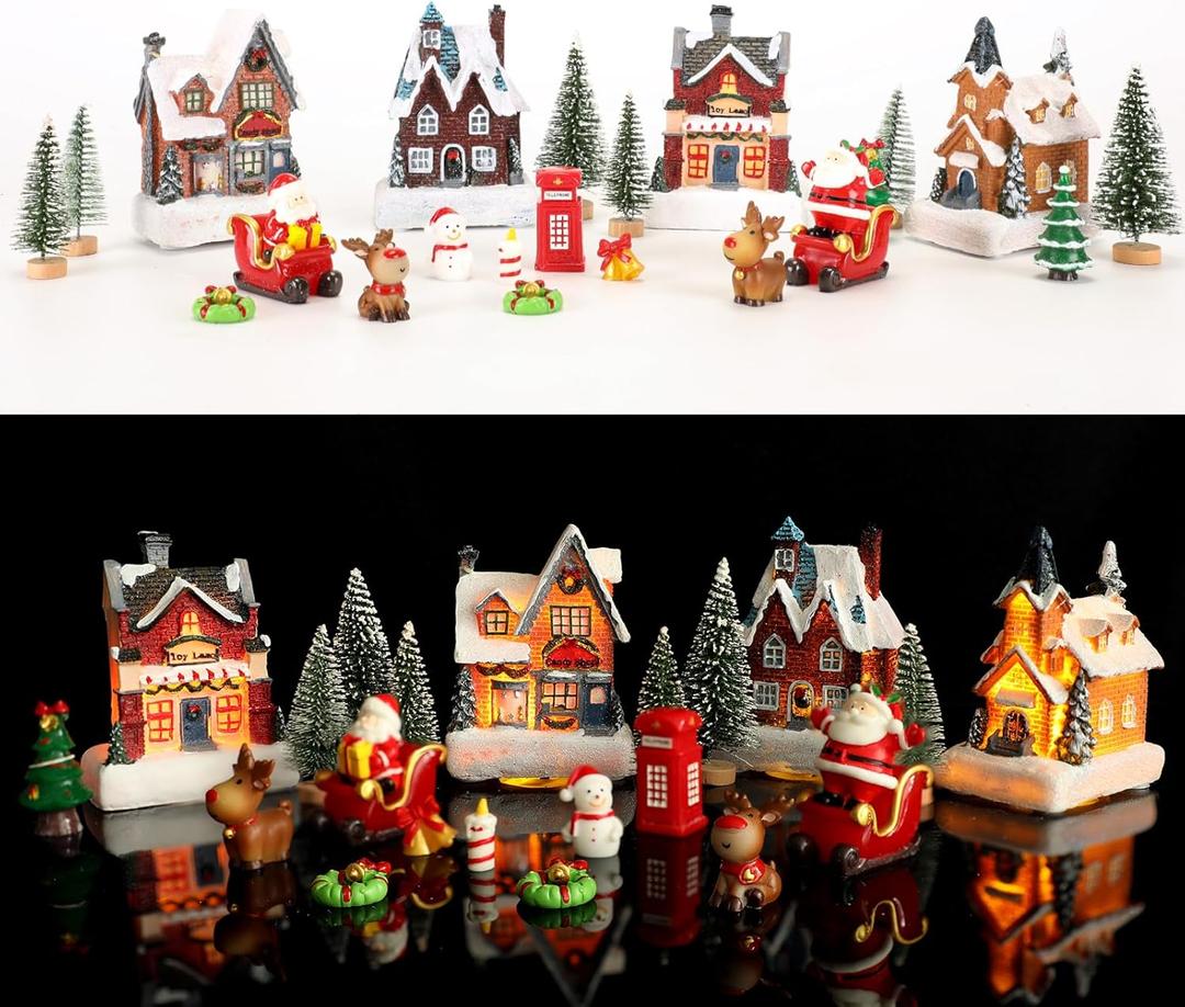 24Pcs Christmas Village Sets,Christmas Village Houses with LED Light, Christmas Town Scene Figurines Building Sets, Christmas Home Decor Collection Buildings