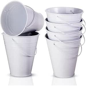 Sadnyy 6 Pack 5" Small White Metal Galvanized Buckets Bulk with Handle Mini Metal Buckets Pails for Halloween Christmas Party Favors Decoration Candy Container Centerpiece for Table Vase