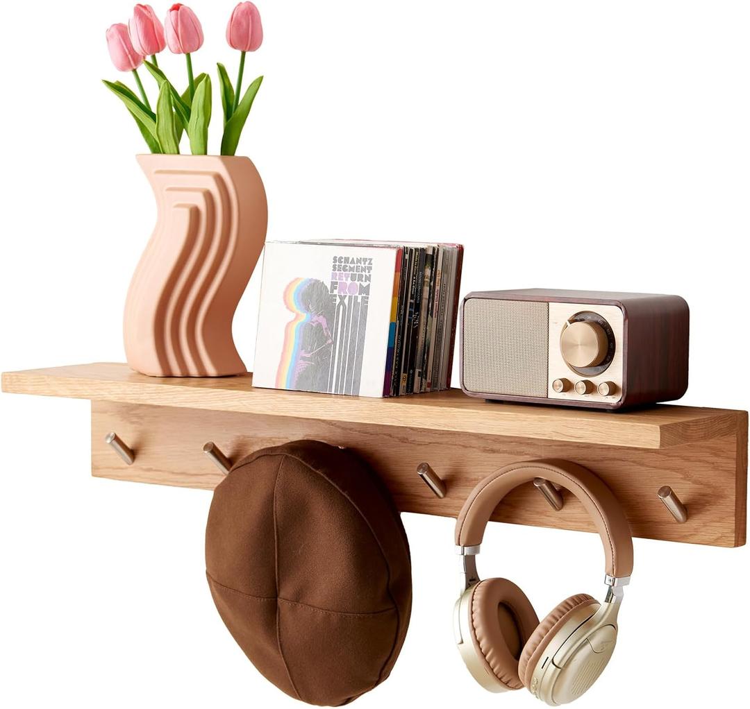 Oak Wood Wall Shelf with 6 Hooks, Entryway Shelf Coat Rack with Hooks Floating Shelves with Hooks for Clothes Hats Towel Purse Robes, Bathroom Mudroom Bedroom (27.5 inch)