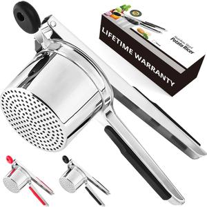 Large 15oz Stainless Steel Potato Ricer with Silicone Grip - Heavy Duty Masher for Smooth Mashed Potatoes, Purees (Black)