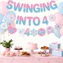 Spider 4th Birthday Decorations Banner - Pre-strung Swinging into 4 Garland with Spider Web and Stars, Pink Blue Ready-to-Hang Party Supplies for Kids Girls 4 Year Old Birthday