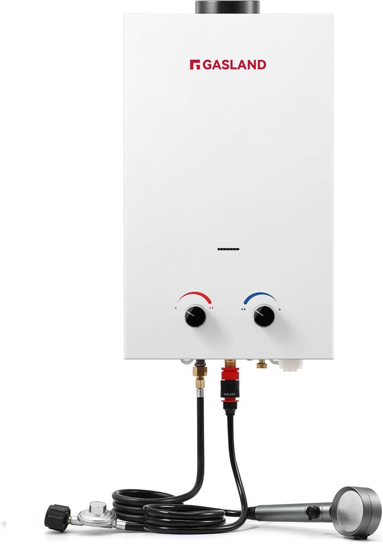 GASLAND BS318 Outdoor Propane Tankless Water Heater 3.18GPM, 12L Portable Hot Water Heater for Cabin, Barn, Camping, RV, Overheating Protection, Easy to Install, White