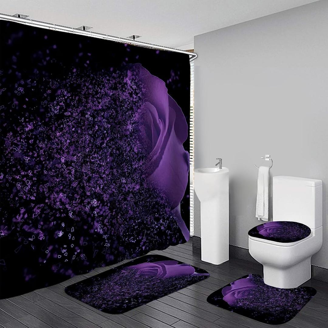 Yddsky 4 Pcs Purple Rose Shower Curtain Sets with Rugs Black Bathroom Sets with Shower Curtain and Rugs Modern Bathroom Curtains Shower Set with Toilet Lid Cover for Women Bathroom Decor Accessories