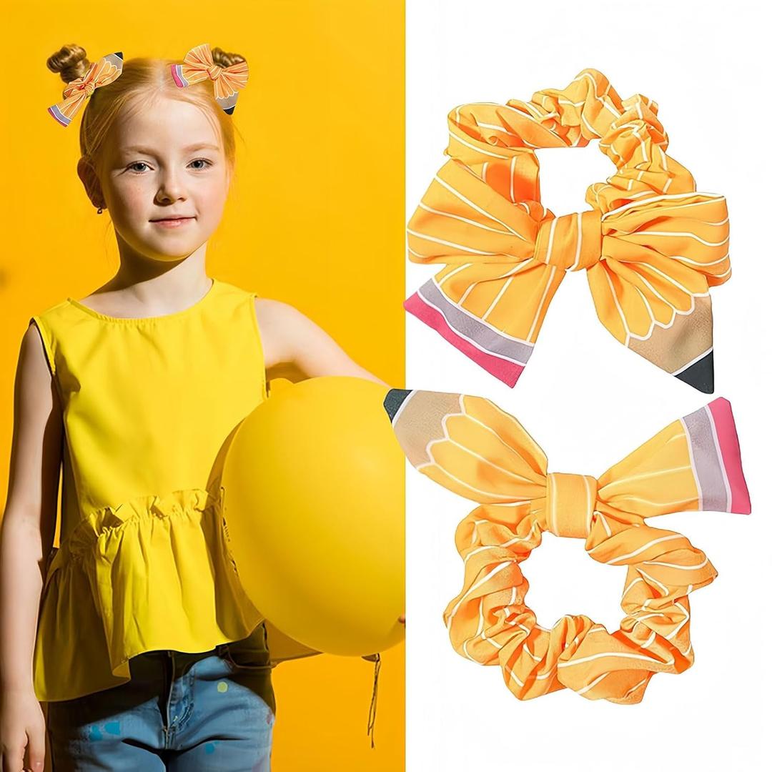 Back To School Hair Ties Yellow Pencil Hair Accessories Stripe Bow Hair Bands Bowknot Cute Rubber Bands for Women Girls Non Slip Ponytail Holders for Student Teacher Outfits Decor 2pcs