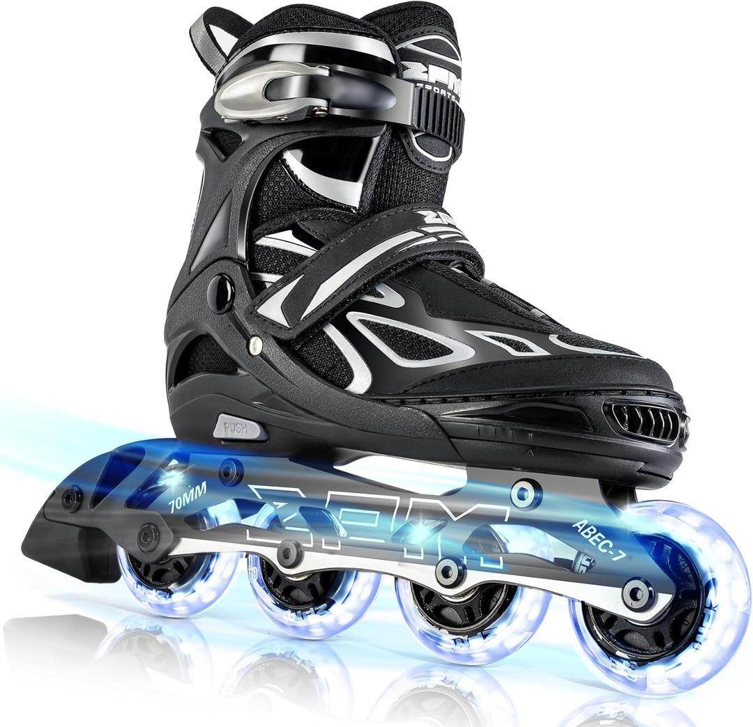 2PM SPORTS Vinal Girls Adjustable Flashing Inline Skates, All Wheels Light Up, Fun Illuminating Skates for Kids Men Adult Women and Boys (X-Large - Adult (9.5W-12W/8.5M-10.5M), Silver)