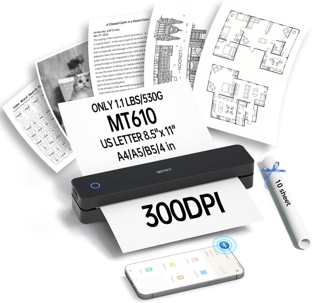 iDPRT Portable Printers Wireless for Travel,300dpi Mini Thermal Printer A4,Bluetooth Printer for Travel,Home,Study,Wireless Printers for Home Use Compatible with iOS,Android and PC,Black
