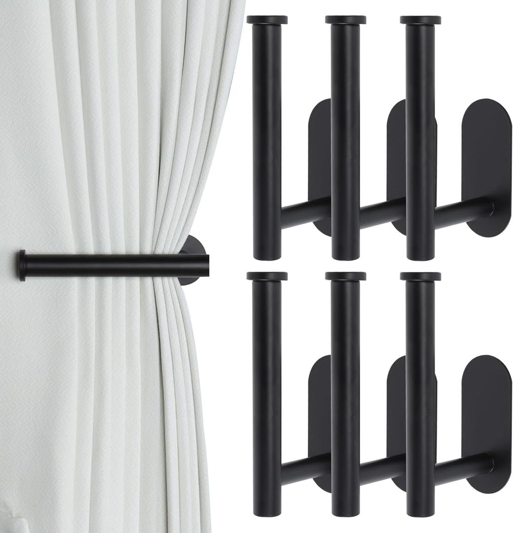 Groleca 6 Pack Adhesive Curtain Holdbacks Curtain Tie Backs Curtain Holdbacks No Drill Curtain Pull Backs Adhesive Curtain Hooks Curtain Holders for Drapes (6, Black)