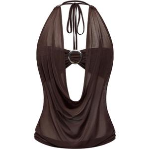 SweatyRocks Women's Sheer Mesh Draped Club Halter Tops Y2K Sexy Rave Going Out Top 2 Piece Outfits (Brown, S)