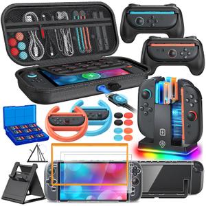 Switch 2 Accessories, [Charge Inside]Case Bundle for Nintendo Switch 2 2025 Console, FYOUNG 23 IN 1 Kit:Carrying Case,Controller Charger,Protective Shell,Grip for Joycon, Steering Wheel for Mario Kart (Black Black)