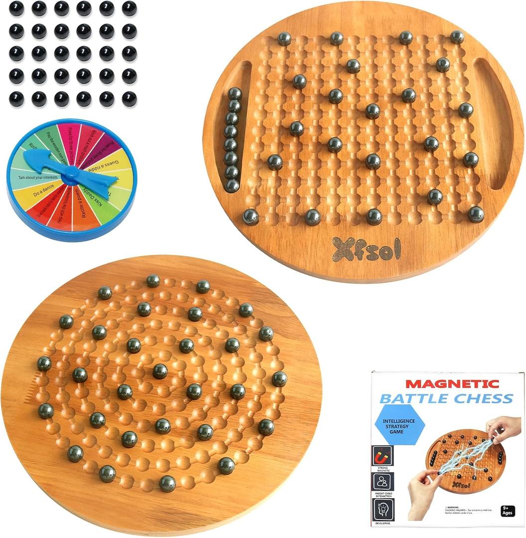 Wooden Magnetic Chess Game Set, Magnetic Chess Game with Hard Wooden Chess Board and 30 Pcs Magnet Balls, Travel Board Game for Family Party Games,Strategy Battle Game,Brain Exercise Games