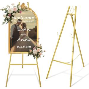 WATIHERE 57.5" Gold Easel Stand for Wedding Sign  4 Adjustable Height Levels, Assembly Required, Heavy Duty Metal Display Stand for Art, Paintings, Posters, Pictures, and Home Dcor