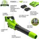 Greenworks 48V (24V x 2) Cordless Axial Leaf Blower (125 MPH / 515 CFM / 200+ Compatible Tools), (2) 2.0Ah Batteries and Dual Port Charger Included
