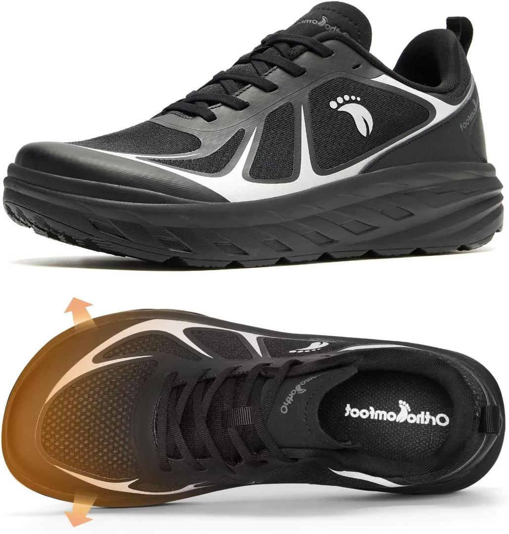 OrthoComfoot Men's Orthopedic Diabetic Wide Running Shoes: Comfortable Arch Support Sneakers for Plantar Fasciitis, Foot & Heel Pain Relief - Casual Work Walking Shoes (K1-black)