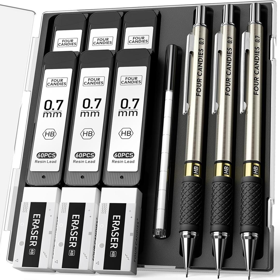 Four Candies Metal Mechanical Pencil Set - 3PCS 0.7mm Mechanical Pencils & 360PCS HB Lead Refills & 3PCS Erasers & 9PCS Eraser Refills