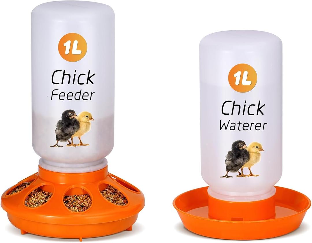 Chick Feeder and Waterer Kit, 2-in-1 Chick Starter Set, 0.3Gal Chicken Feeder and Waterer Set, Baby Chick Starter Kit for Poultry (Orange, 1L)