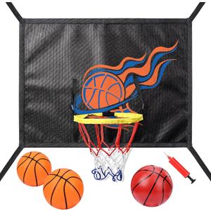 Trampoline Basketball Hoop Attachment, with 3 Basketballs and Pump & Hooks, Easy to Install, Universal Accessories Goal Game Fits 8 10 12 14 15 16 FT Trampoline Indoor Outdoor