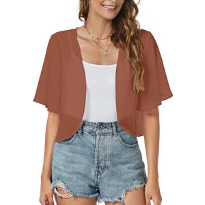 Women Shrug Chiffon Cardigan Open Front Short Sleeve Sheer Bolero for Dress | Lightweight Cropped,Loose Fit,Mesh Cover Up,Shawl Evening Dresses,Summer Outfits (Brown, M)