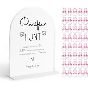 Pacifier Hunt Baby Shower Games Sign, White Arch Acrylic Wedding Sign and 50 Pcs Pacifiers, Neutral Baby Shower Decoration, Gender Reveal Party Tabletop Decor, Newborn Announcement Party Favors-31