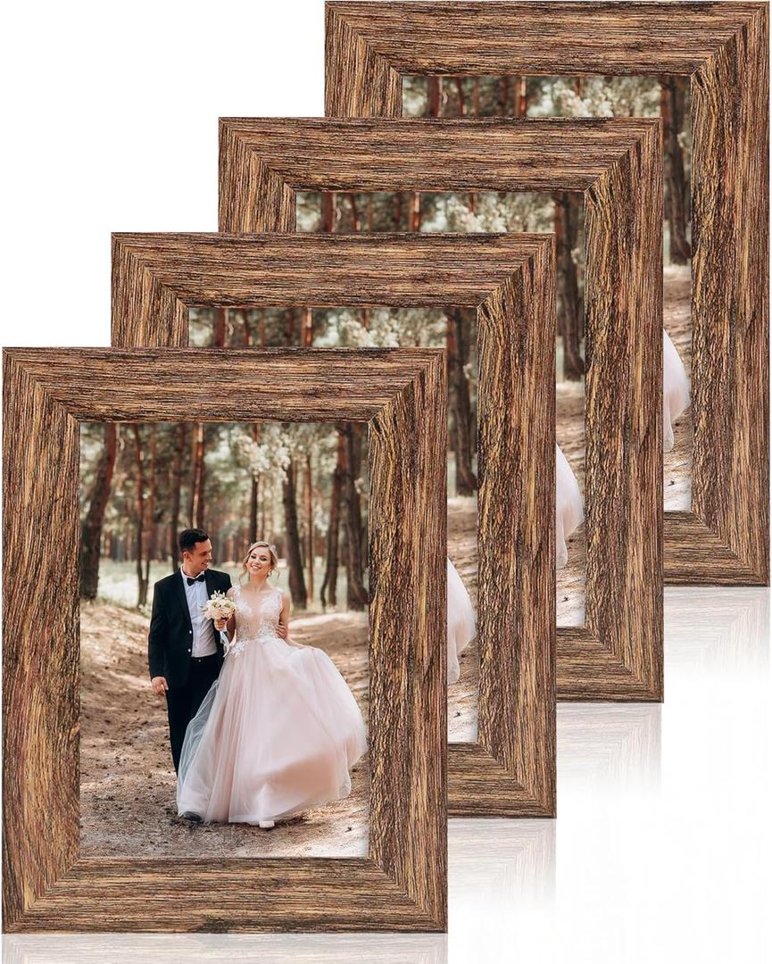 4 x iRahmen 4x6 Picture Frame Set of 4, High Definition Glass Brown Frame, 4 x 6 Wood Rustic Photo Frames for Horizontal or Vertical Display Tabletop and Wall Mounting