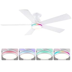 BYKISTOK 52" Flush Mount RGB Ceiling Fans with Lights - White Low Profile Ceiling Fan Light with Remote/ APP, RGB+3CCT 6 Wind Speeds and Reversible, Modern Fan Light Fixture for Party, Kid's Room
