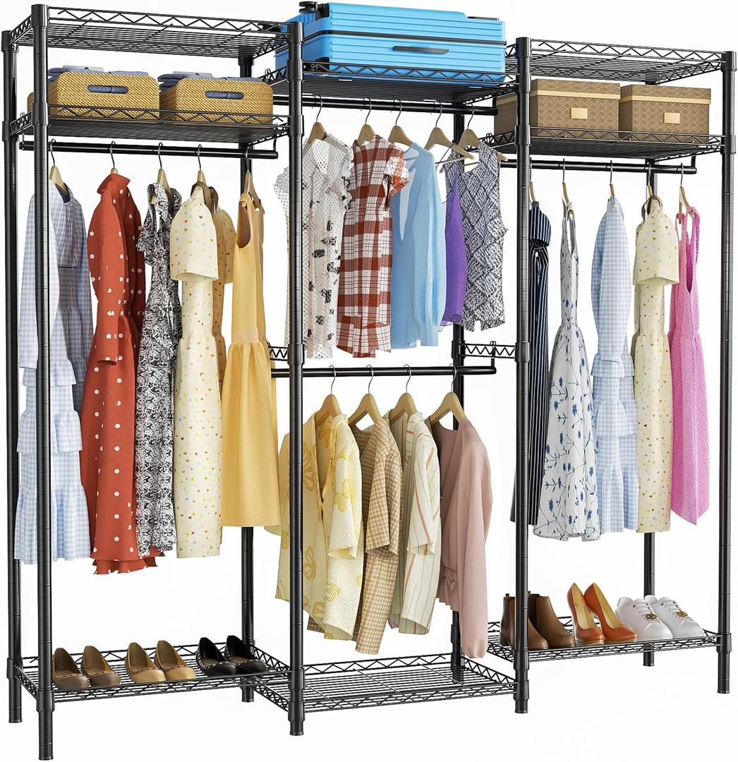 ROOMTEC Portable Closet Heavy Duty Clothes Rack Freestanding Wardrobe Closet Load 1000 LBS with Adjustable Wire Shelves, Hanging Rods, Hooks, 70.8" L x 15.1" W x 76.7" H, Black