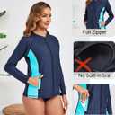 Halcurt Women's Full Zip Long Sleeve Rash Guard Swim Top with Pockets UPF50+ Quick Dry Swimsuit (M)