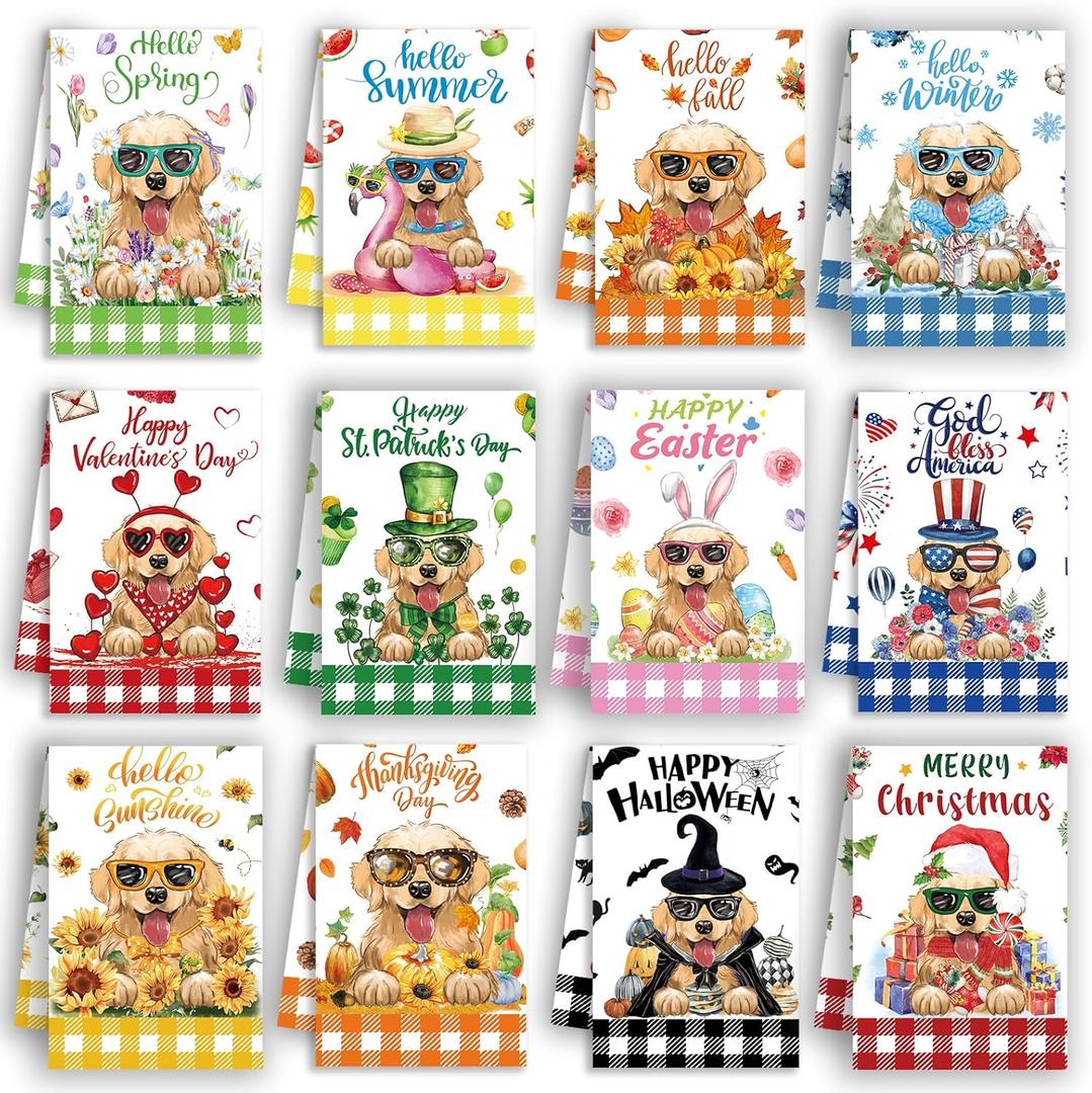 MALEBAZI Golden Retriever Cute Kitchen Towels Set of 12, Seasonal Kitchen Hand Towels, Puppy Dog Holiday Dish Towels for Kitchen Decorative, Spring Fall Absorbent Dishcloths Wash Cloths 21.3x14.2 Inch
