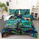 AILONEN Dinosaur Print Bedding Set Twin Size Retro Green Dinosaur Silhouette Pattern Comforter Set for Kids Teens Boys Girls Soft Breathable Duvet Set 3 Pieces, 1 Comforter and 2 Pillowcases