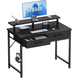 Pamray 32 Inch Small Computer Desk with Monitor Stand Home Office Desks with 2 Drawers for Bedroom Study Writing and Work Table for Small Spaces Black