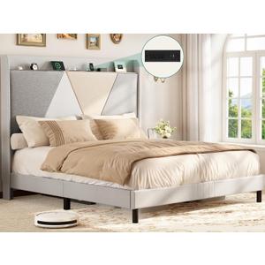 YITAHOME Queen Size Upholstered Bed Frame Bed Frame with Storage Headboard and Charging Station, Solid Wood Slats Support, No Box Spring Needed, Noise-Free, Beige