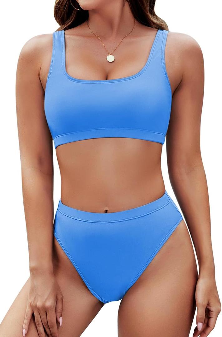 Pink Queen Women's Crop Top High Waisted Cheeky Bikini Set Two Piece Swimsuits (Blue, M)