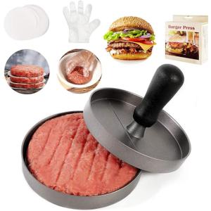Hamburger Press Patty Maker with 100 Patty Papers, 20 PCS Plastic Gloves, 1 PCS Small Scraper Aluminum Non-Stick Burger Press Patty Maker Mold, 4.5 in Diameter