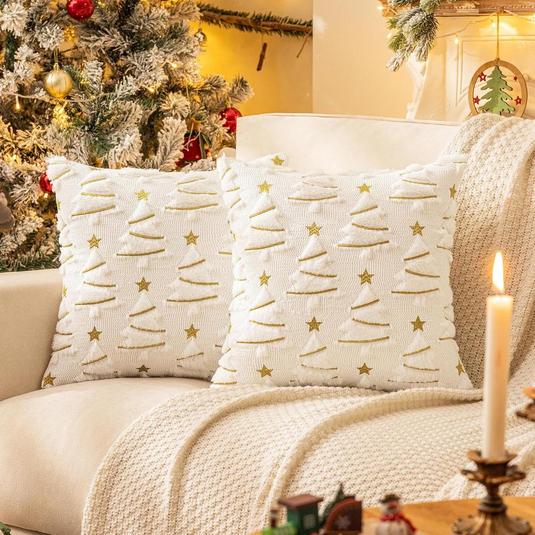 AQOTHES Christmas Tree Decorative White Throw Pillow Covers 18x18 Set of 2, Faux Fur Farmhouse Throw Pillows Cushion Cases for Xmas Winter Holiday Home Decor