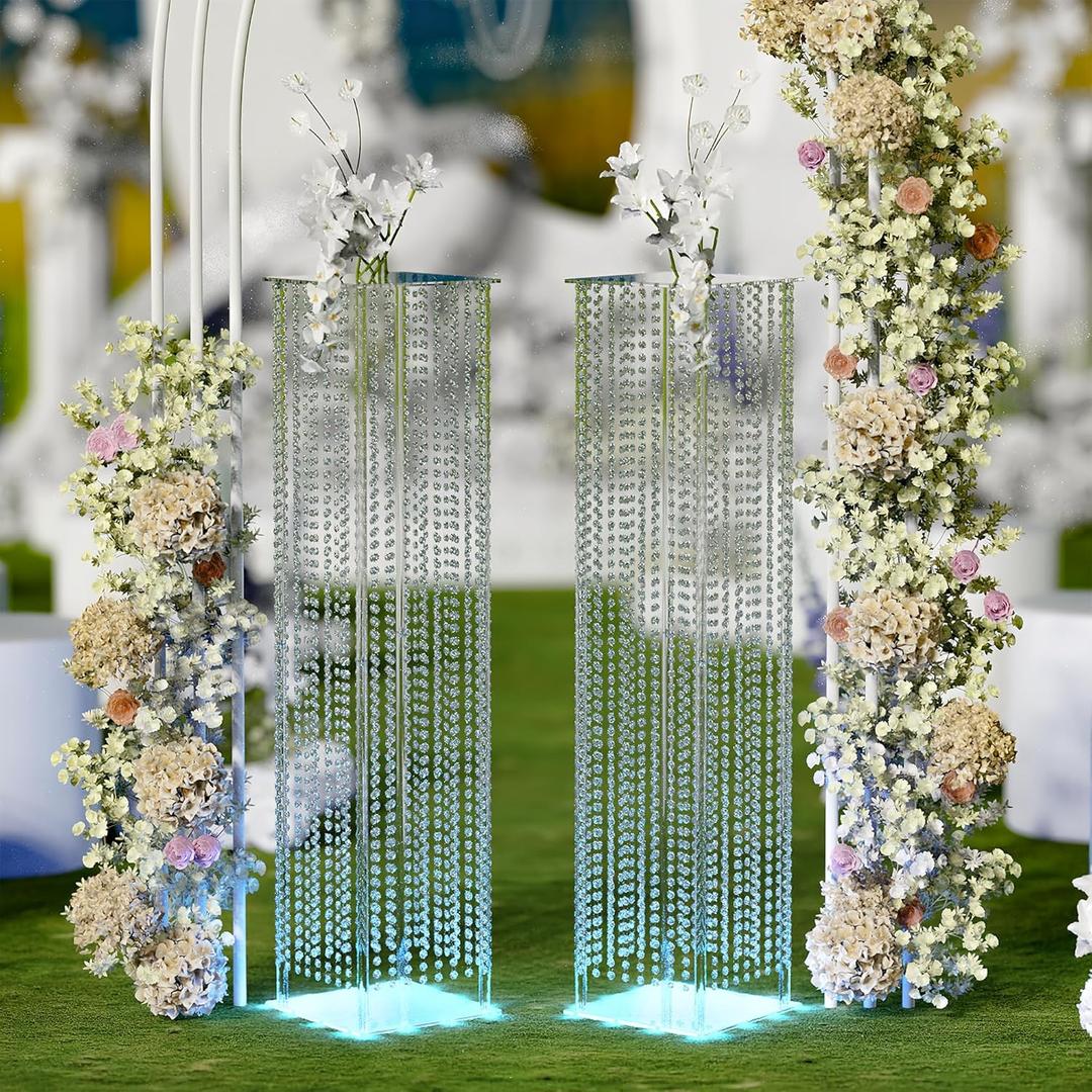 2-Pack: 12" x 12 x 48 Wedding Pillars Columns for Ceremony, Acrylic Flower Stand for Wedding with LED Lights & Crystal Beads for Party, Pillars for Wedding, Decorative Columns for Wedding Ceremony - Ideal for Wedding Planners, Event Venues