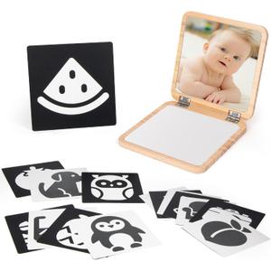 Woodtoe Tummy Time Mirror for Babies, 0-180° Adjustable Angle Floor Mirror, Baby Mirror with 15 Educational Cards, Shatterproof Baby Safe Mirror Toy, Montessori Gift for Boy Girl 0-6 Months
