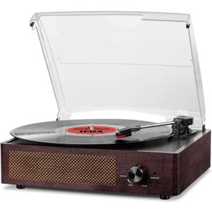 Vinyl Record Player Bluetooth Belt-DriveTurntable with Built-in Speakers, RCA Line Out AUX in Headphone Jack,3-Speed,Brown