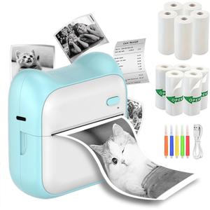 Thermal Mini Printer, Portable Inkless Sticker Maker with 11 Rolls Printing Paper, for Photo Journal Notes Memo, Compatible with iOS & Android