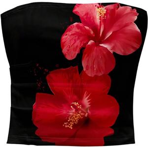 Women's Y2K Floral Tube Top Sleeveless Crop Strapless Tops Slim Fit Hibiscus Bandeau Top (Medium, Black Red)